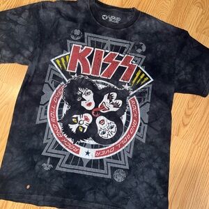 KISS Liquid Blue Tie Dye Band T-Shirt Rock and Roll Over Graphic Black